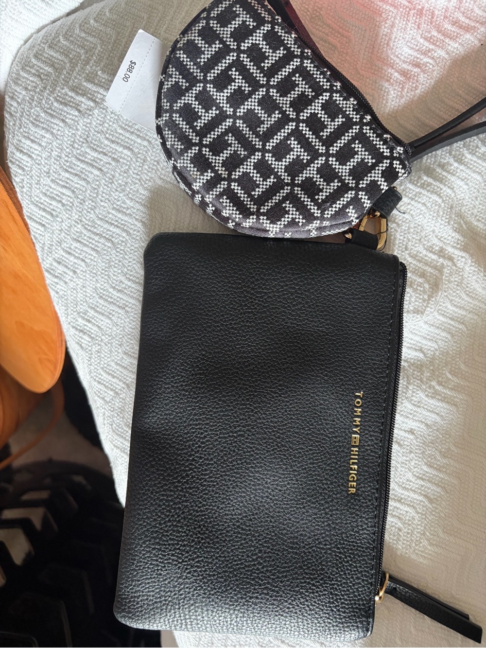 Tommy Hilfiger Black Pebbled Leather Zip Wristlet with Gold Logo